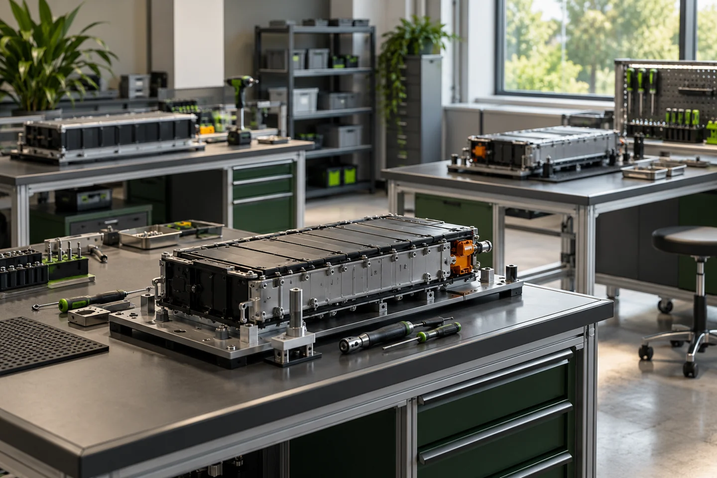 Future manufacturing concept showing compact modular battery assembly workbenches